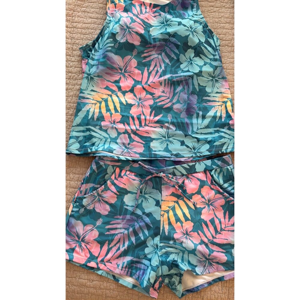Floral High Neck Wide Straps Tankini Set With Shorts Size Large Blue Pink NWOT - Picture 6 of 14